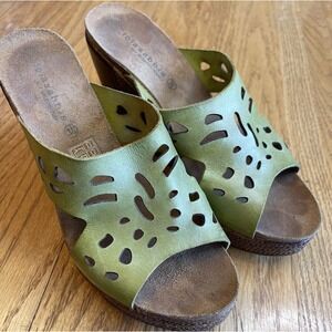 Lola Sabbia Eric Michael Wedge Cork Sandals Womens EU 38 Green Leather US 7